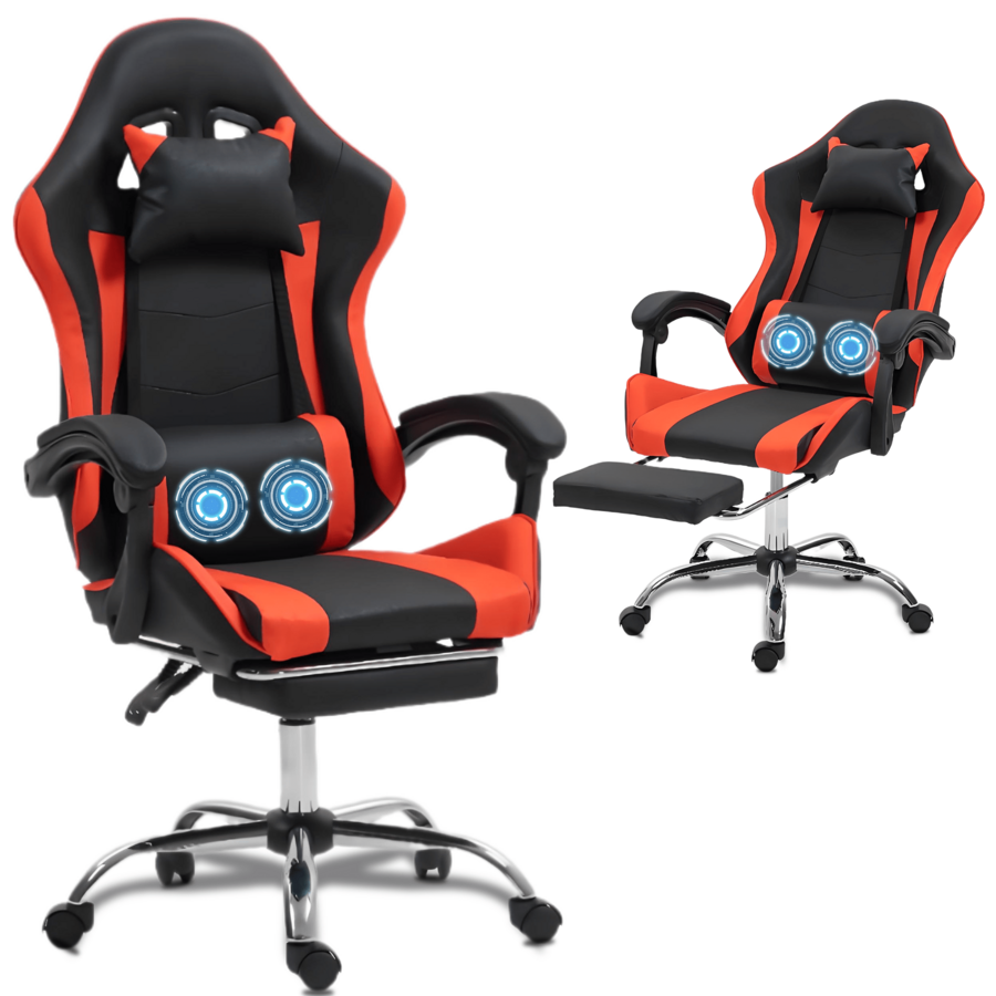 Video Gaming & Esports Usd Acc - マッサージ機能付きの腰当てを備えたゲーミングチェア - 大人のためのエルゴノミックなビデオゲームチェア。ヘッドレストとフットレストの高さ調整が可能。90～135度。 ° リクライニング